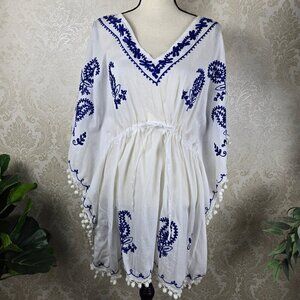 Sante Classics Size XL White Cotton Beach Cover Up Embroidered Pompom Details